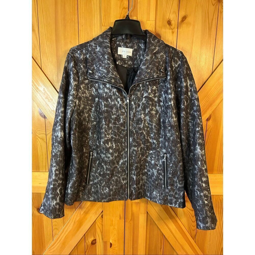 Erin London Tapestry Full Zip Jacket Gray Silver Pattern Size XL (5418)
